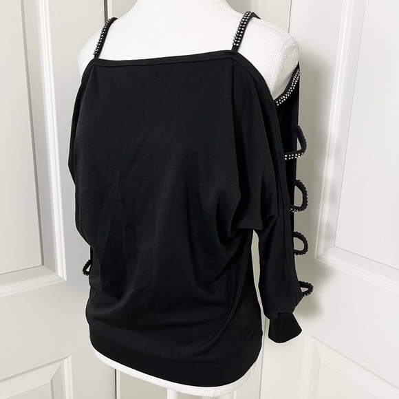 Vintage Tops - Vintage Michael Carrie Black Cutout Shoulder Blouse with Crystal Details-Medium